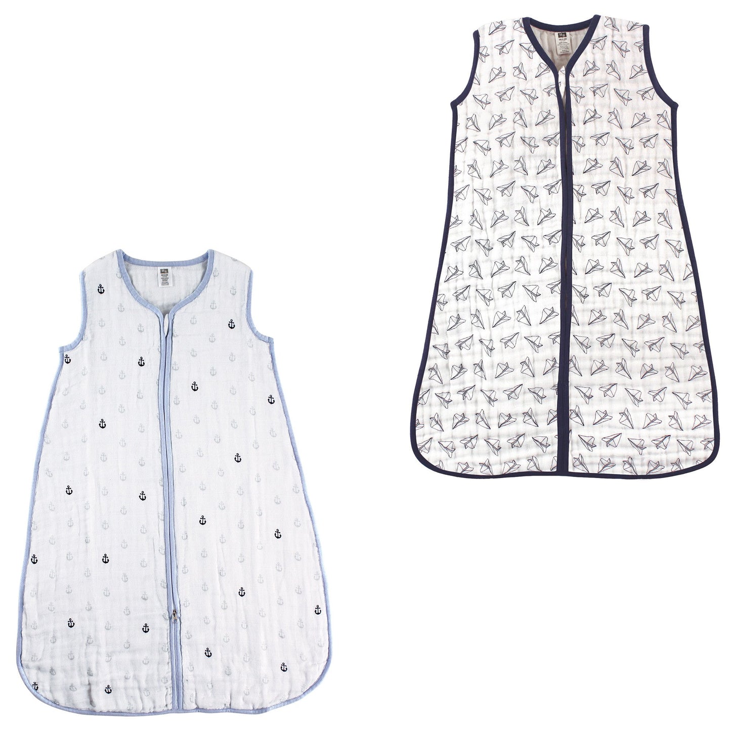 Hudson Baby Unisex Muslin Cotton Sleeveless Wearable Sleeping Bag, Sack, Blanket, Anchor/Paper Airplane Muslin 2-Pack, 12-18 Mon