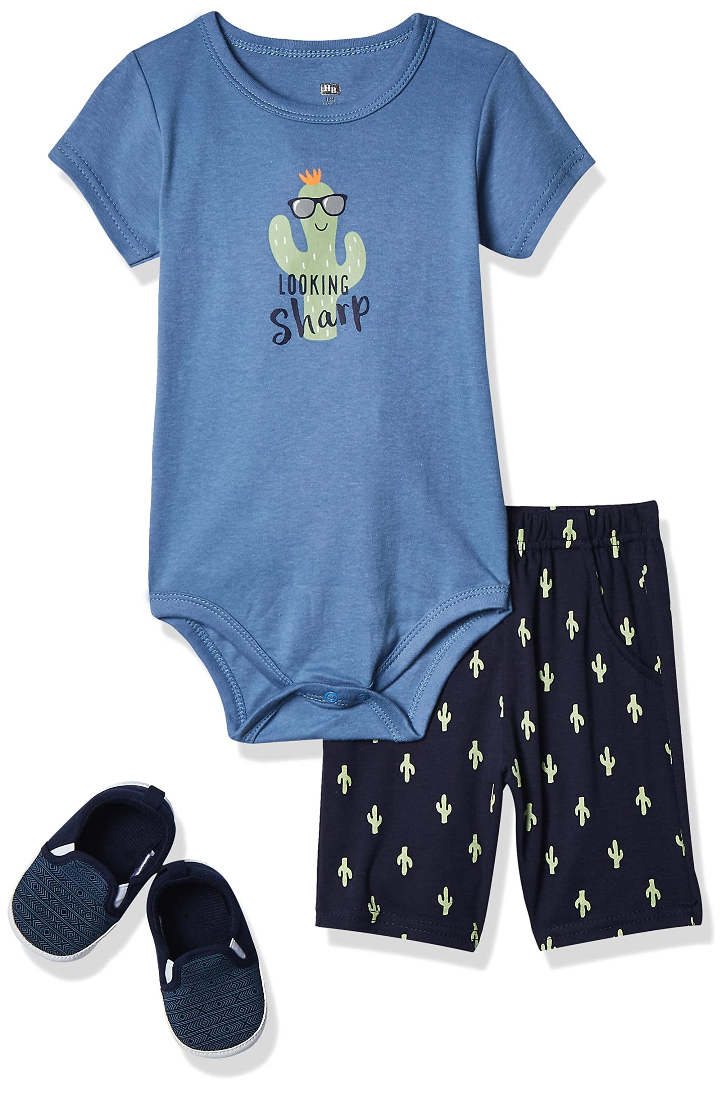 Hudson Baby Unisex Baby Cotton Bodysuit, Shorts And Shoe Set, Cactus, 9-12 Months