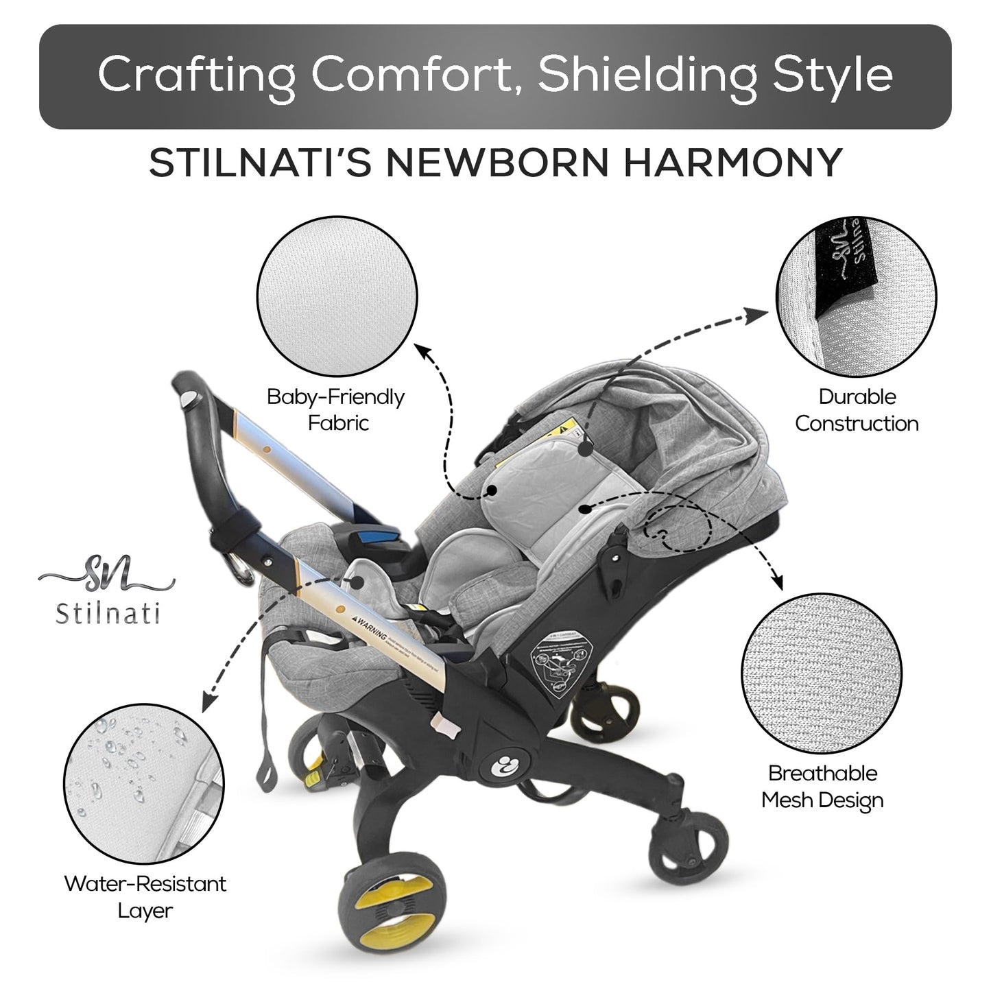 Stilnati Baby Car Seat Insert - Newborn Infant Head & Neck Support Pillow For Comfort & Safety - Convertible Travel Padding Comp