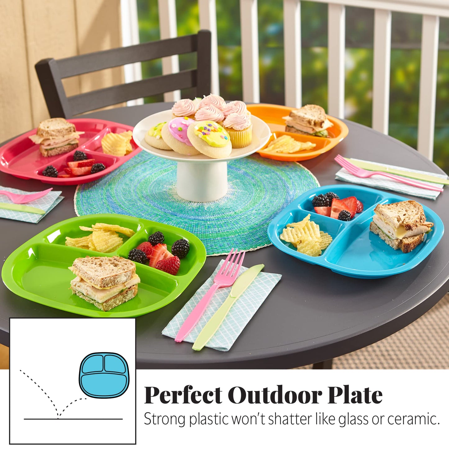 Us Acrylic Harmony 3-Compartment Divided Plastic Kids Tray In 4 Calypso Colors | Set Of 12 Reusable, Bpa-Free Plates, Made In Th