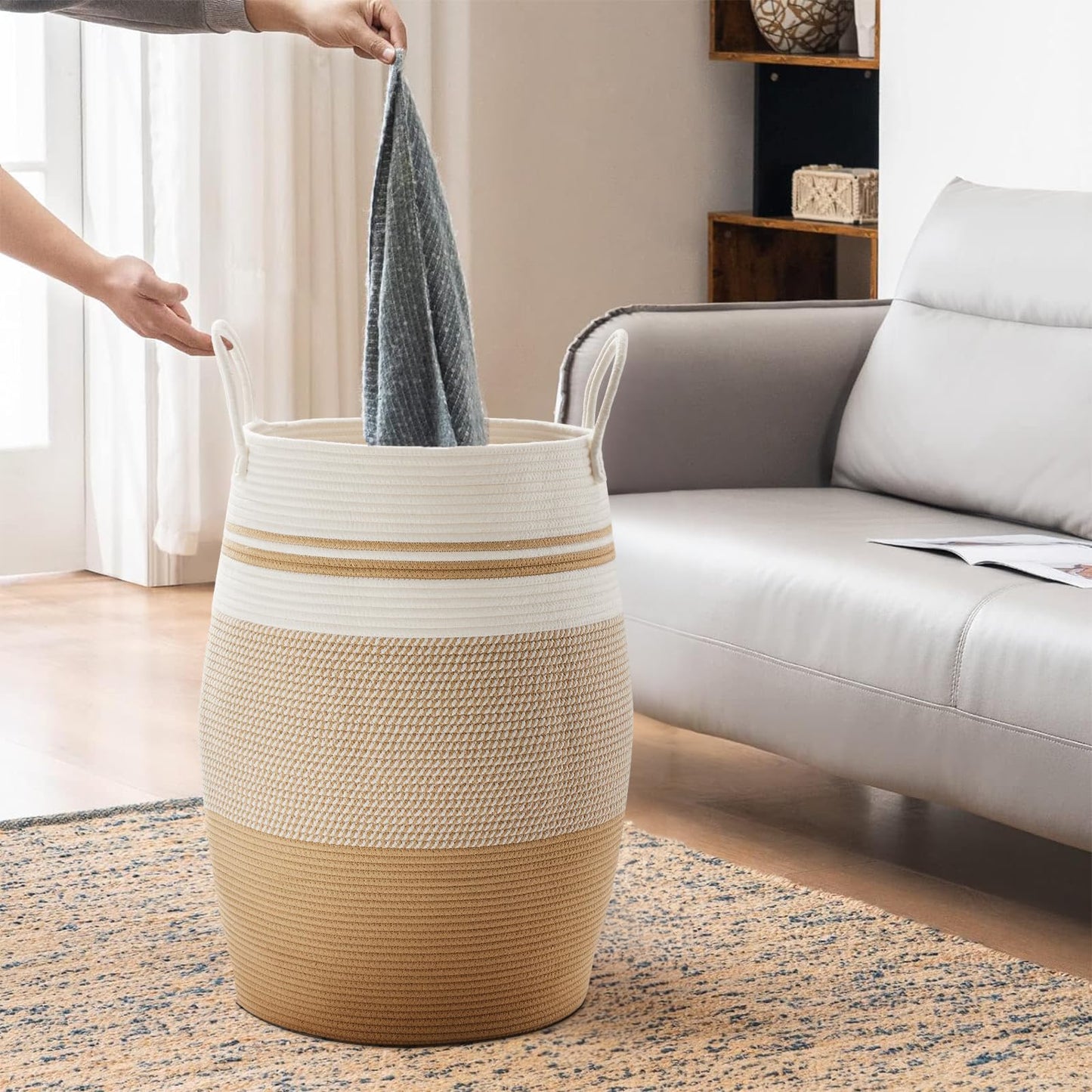 105L Extra Large Woven Laundry Hamper Basket With Heavy Duty Cotton Rope Handles For Clothes And Toys In Bedroom, Nursery Room,