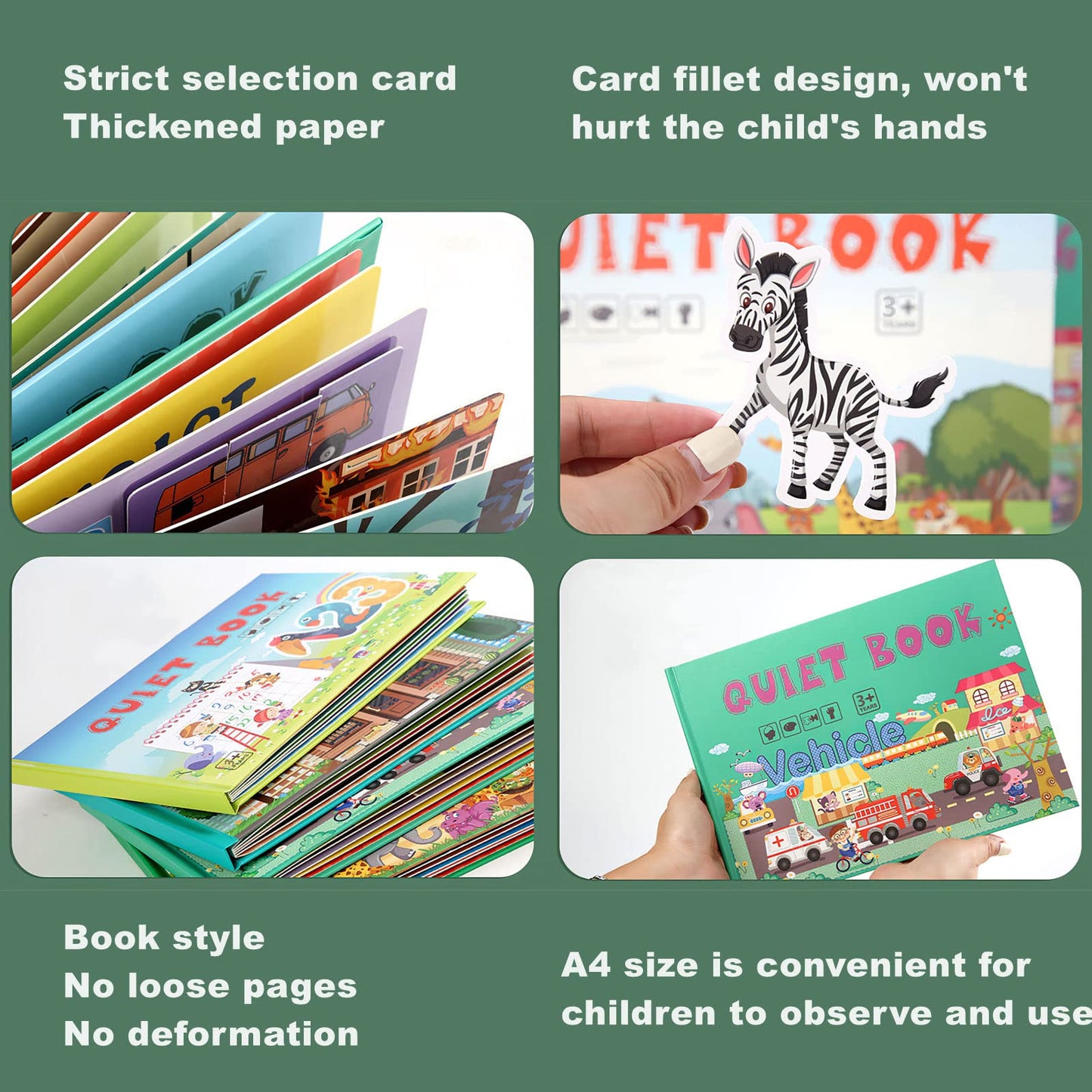 MIKNEKE 4 Pack DIY Busy Book for Toddlers, Montessori Busy Book for Kids to Develop Learning Skills, Quiet Book, Animal Vehicle