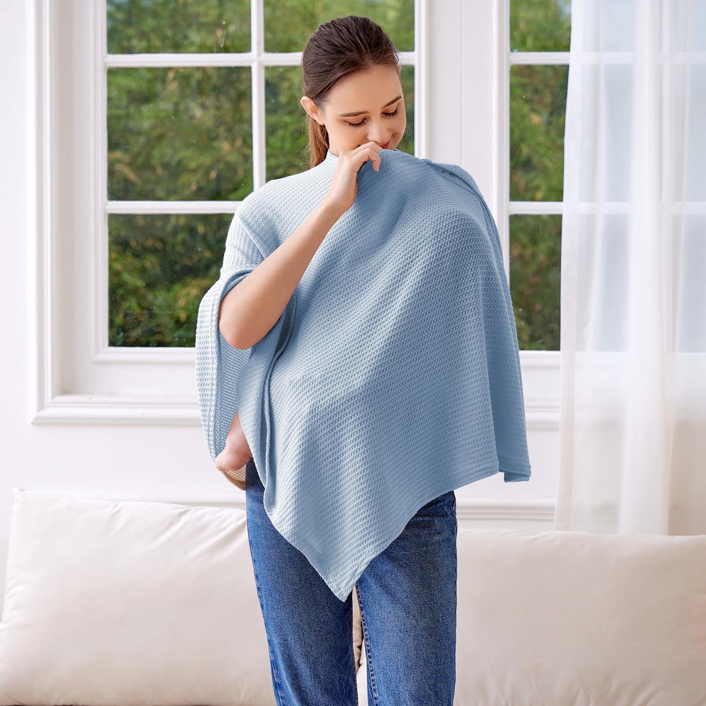 Knit Nursing Cover For Baby Breastfeeding, Breathable And Soft, Wide Neck With Stretch For Easy View (Blue)