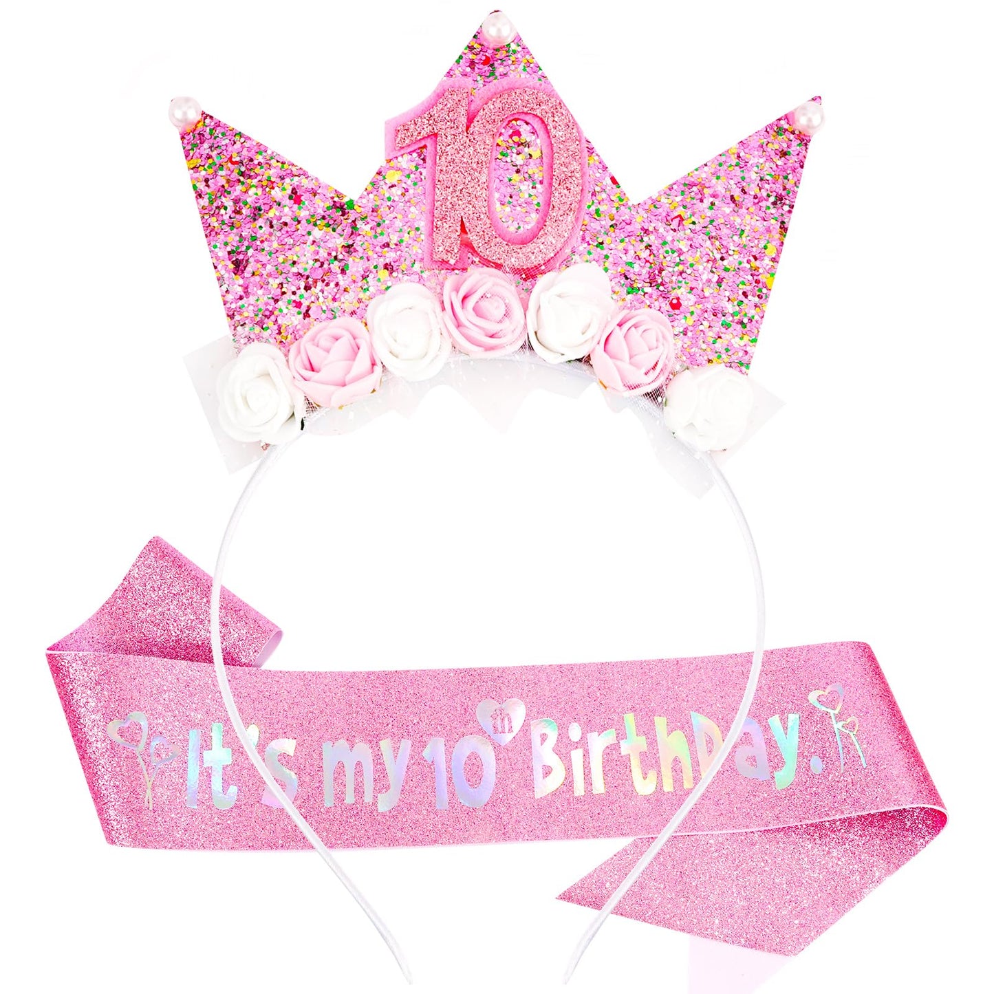 Vovii 10Th Birthday Decorations For Girls, Birthday Girl Headband Glitter Sash Set For 10 Year Old Girl Birthday Decoration, Bir