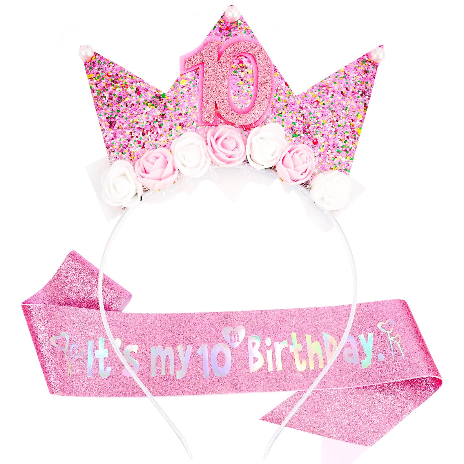 Vovii 10Th Birthday Decorations For Girls, Birthday Girl Headband Glitter Sash Set For 10 Year Old Girl Birthday Decoration, Bir