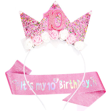 Vovii 10Th Birthday Decorations For Girls, Birthday Girl Headband Glitter Sash Set For 10 Year Old Girl Birthday Decoration, Bir