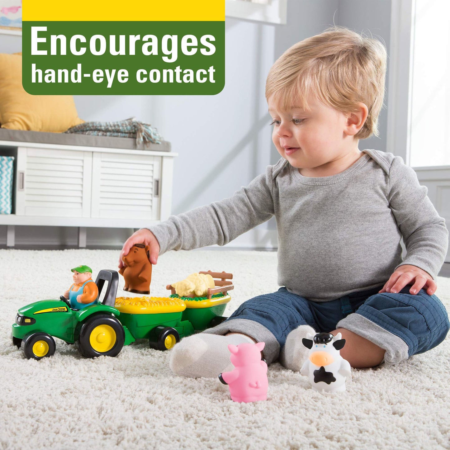 TOMY John Deere Animal Sounds Hayride Musical Tractor Toy - Musical Hayride Toddler Toys - Includes Farmer Figure, Tractor, and