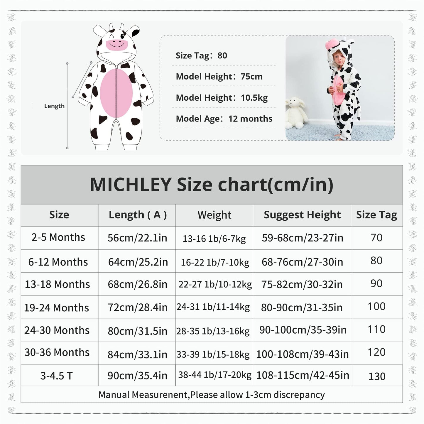 Michley Unisex Baby Boy Girl Hooded Romper Winter Animal Halloween Jumpsuit Outfits, Cow, 3-4.5T, Size 130