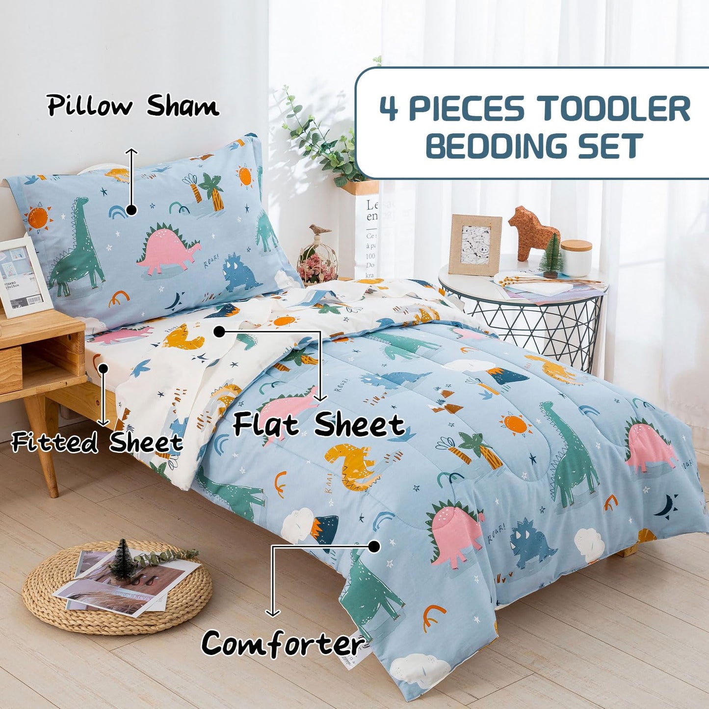 Djy 4 Pieces Cotton Toddler Bedding Set, Dinosaur Toddler Bed Comforter Set For Boys Girls, Includes Blue White Reversible Comfo