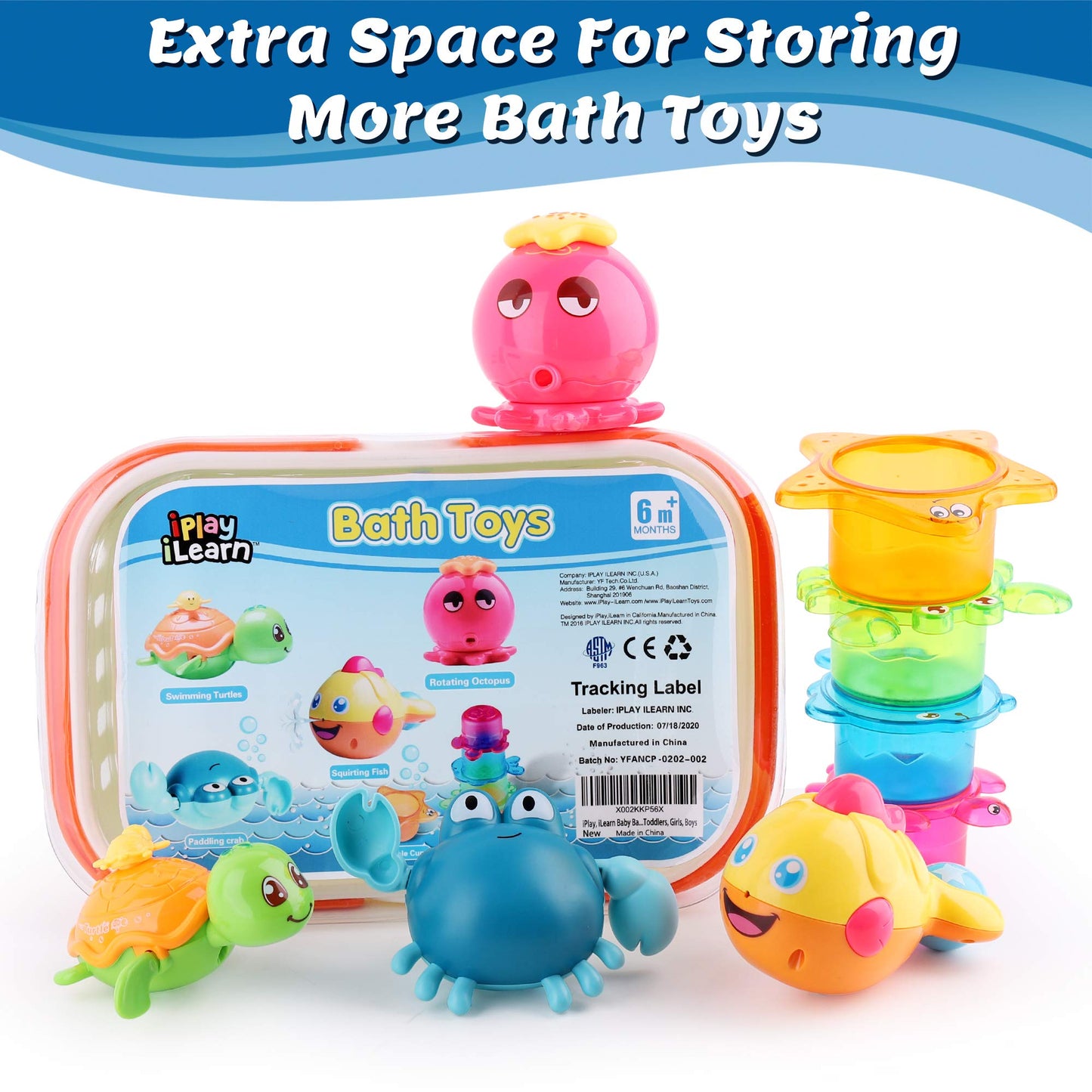 iPlay, iLearn Baby Bath Toys w/ Organizer, Water Squirting Octopus, Wind Up Swimming Turtle, Bathtub & Shower, Stacking Cups, Gi