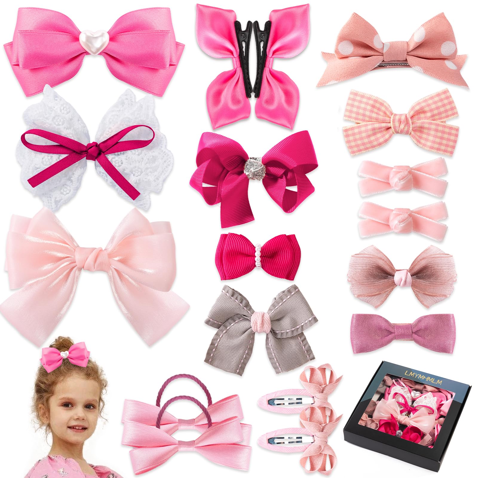Lmymhmlm 18Pcs Pink Hair Bows For Baby Girls,Toddler Girls And Teen Girls.Alligator Hair Clips,Hair Barrettes,Hair Ties,Snap Cli
