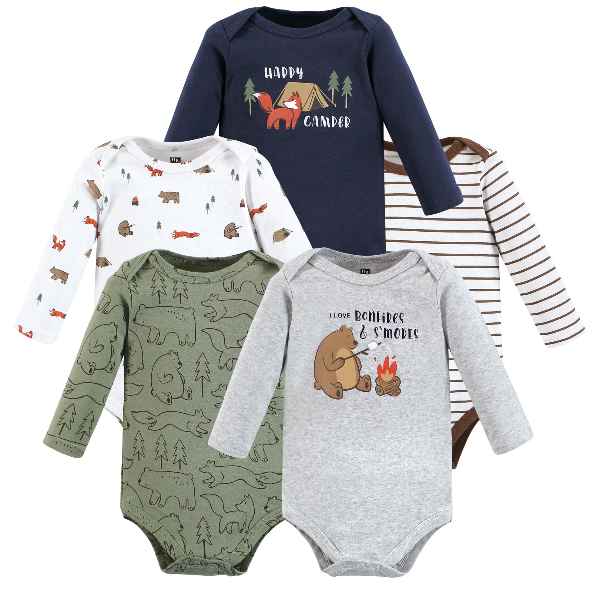 Hudson Baby Unisex Baby Cotton Long-Sleeve Bodysuits, Camping Animals, 0-3 Months