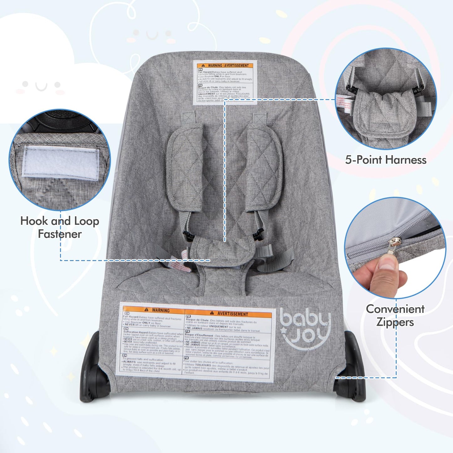 Baby Joy Baby Bouncer, Foldable Baby Bouncer Seat With 5-Point Safety Harness, Removable Fabric Cover, Portable Infant Bouncer F
