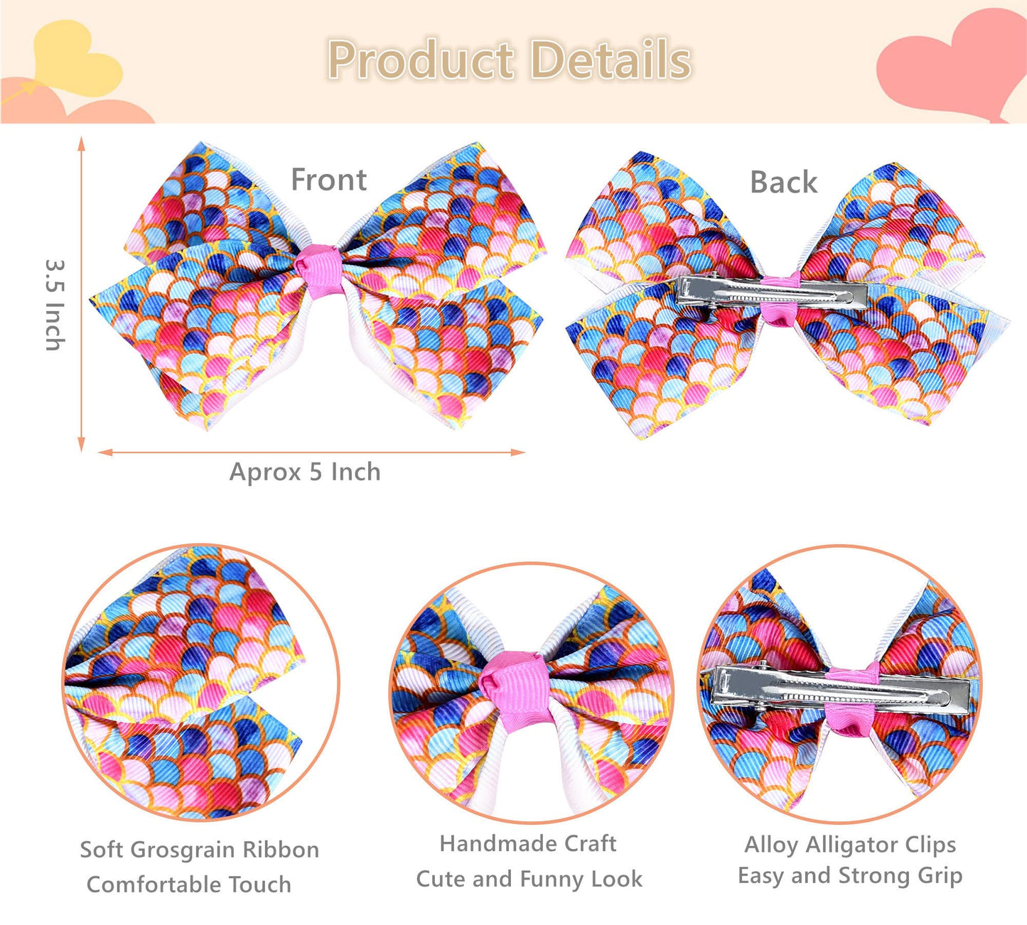 Eygla 12Pcs 5 Inch Hair Bows For Girls, Rainbow Grosgrain Ribbon Hair Bows Alligator Clips - 12 Multi Colors For Little Girls To