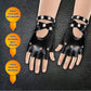 Skeleteen Fingerless Faux Leather Gloves - Black Biker Punk Gloves With Belt Up Closure And Rivet Design For Women And Kids