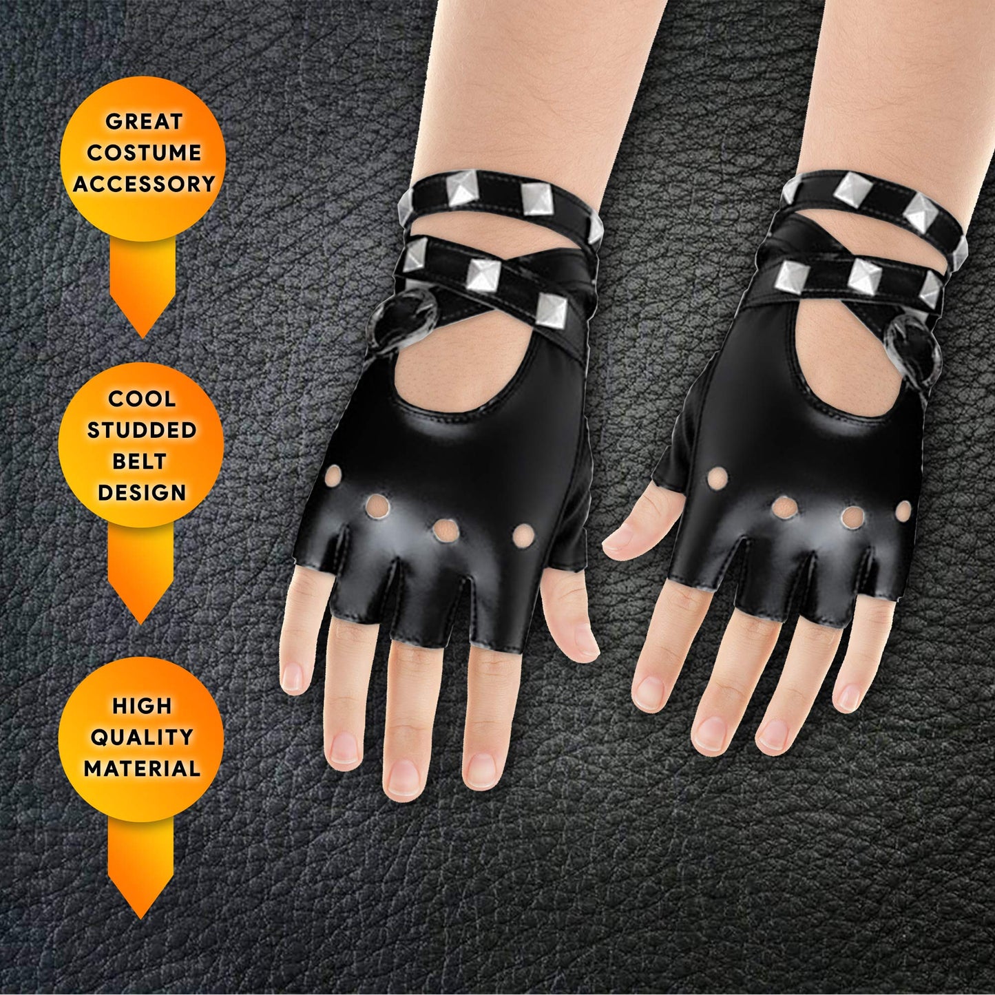 Skeleteen Fingerless Faux Leather Gloves - Black Biker Punk Gloves With Belt Up Closure And Rivet Design For Women And Kids