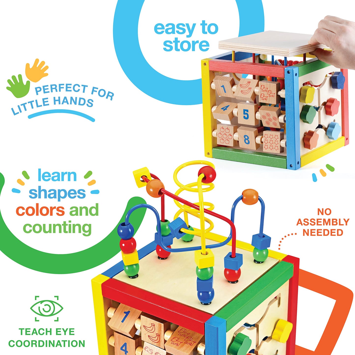 Wooden Activity Play Cube 6 in-1 for Baby with Removable Bead Maze, Shape Sorter, Abacus Counting Beads & Numbers, Sliding Shape