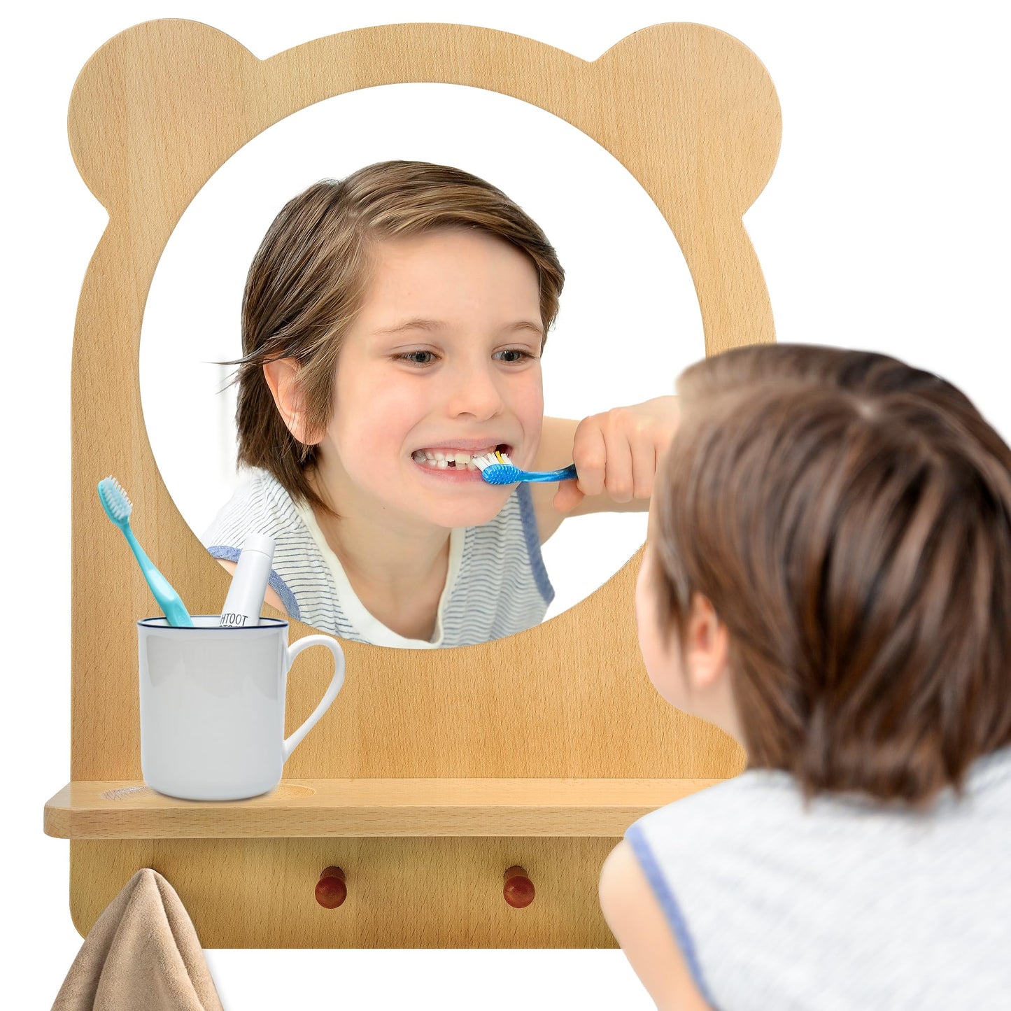 Kizfarm Montessori Wooden Acrylic Wall Mirror for Toddlers, Entryway Mirror with Hooks and Shelf, Unbreakable Kids Safety Self-C