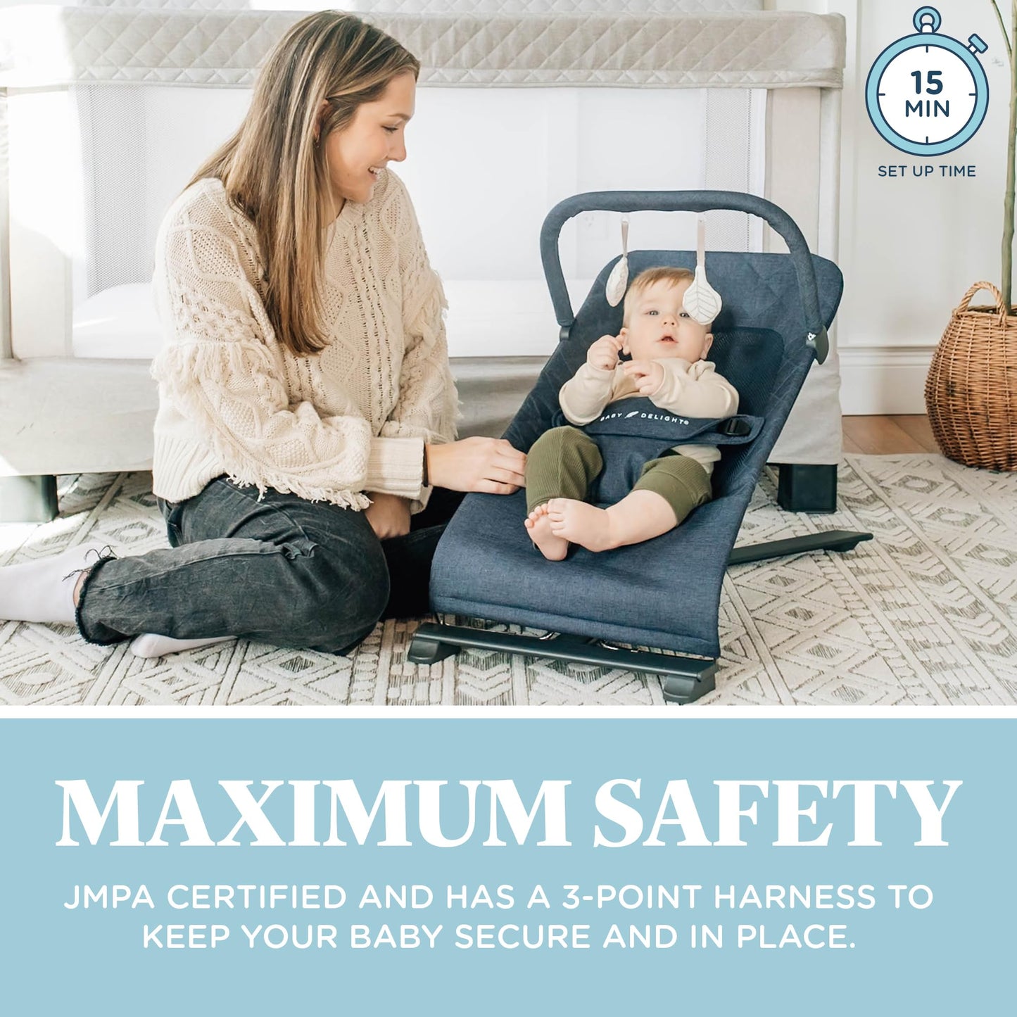 Baby Delight Alpine Deluxe Portable Bouncer, Infant, 0 - 6 Months, Quilted Indigo