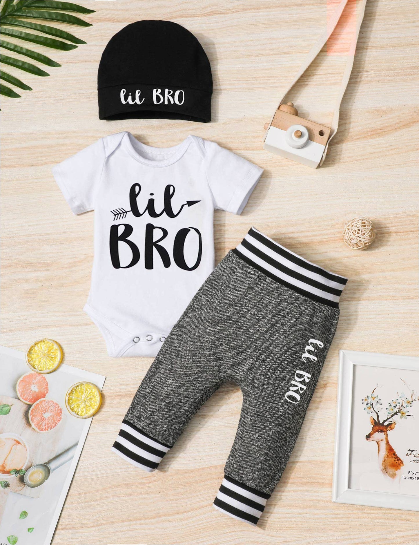 Baby Boy Clothes 3-6 Months Outfits Short Sleeve Cotton Romper + Little Bro Pants + Hat Cute Infant Summer Clothing Set