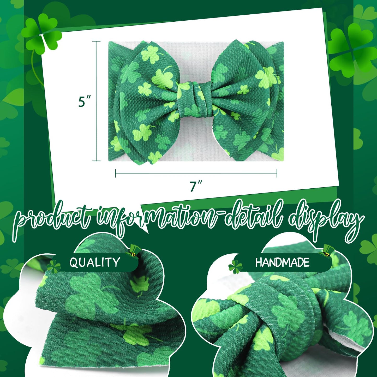 Yanjie 7 ' St.Patrick 'S Day Large Bow For Baby Girl Headband Newborn Infant Kids Shamrock Double Layer Messy Bow Headwrap