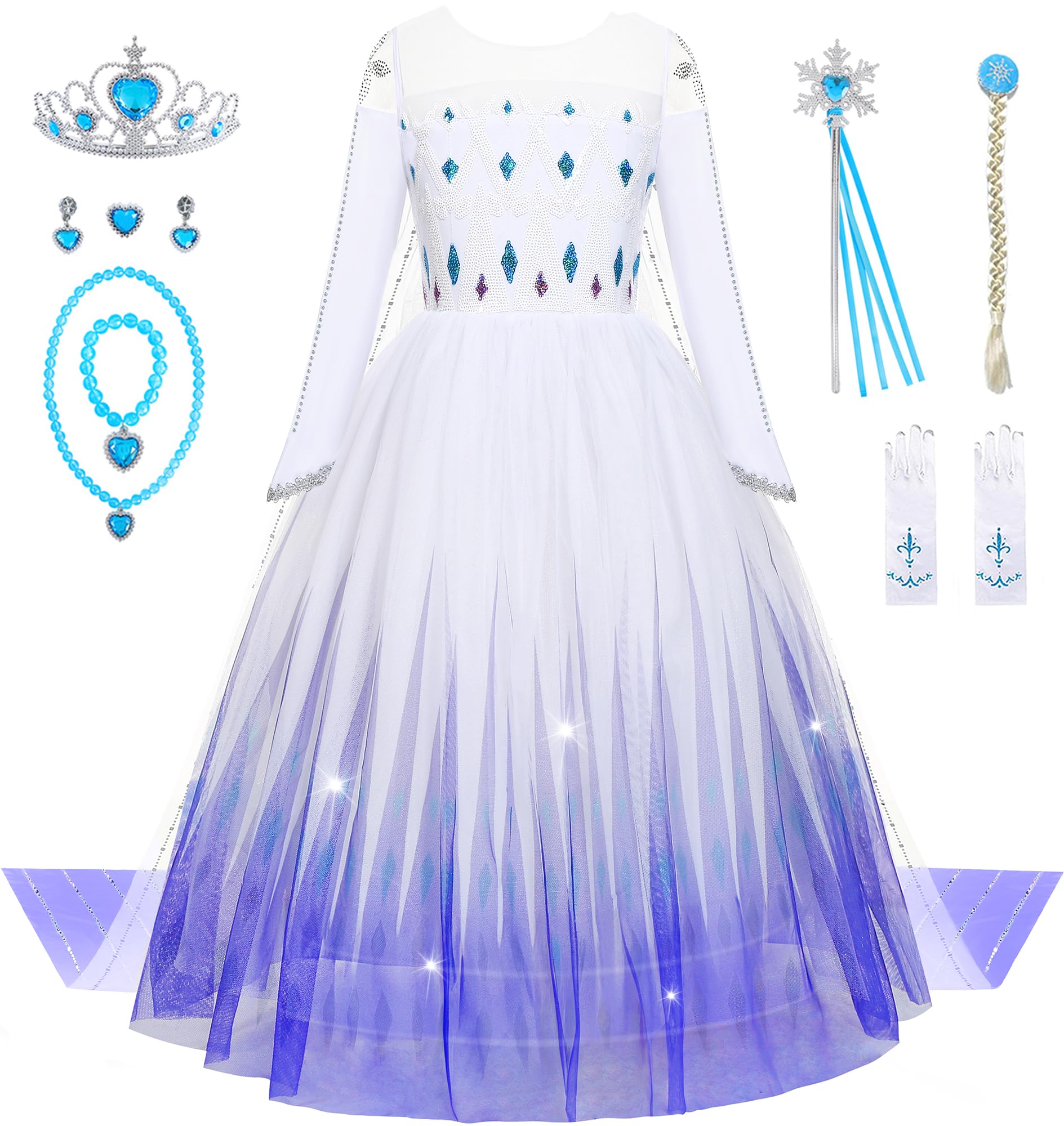Aoiviss Girls Princess Costumes Snow Queen Princess Dresses Fancy Dress Up Clothes For Halloween Snow Party Cosplay, White