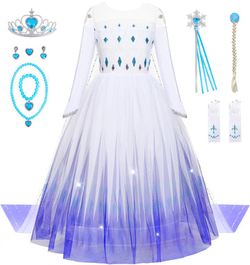 Aoiviss Girls Princess Costumes Snow Queen Princess Dresses Fancy Dress Up Clothes For Halloween Snow Party Cosplay, White