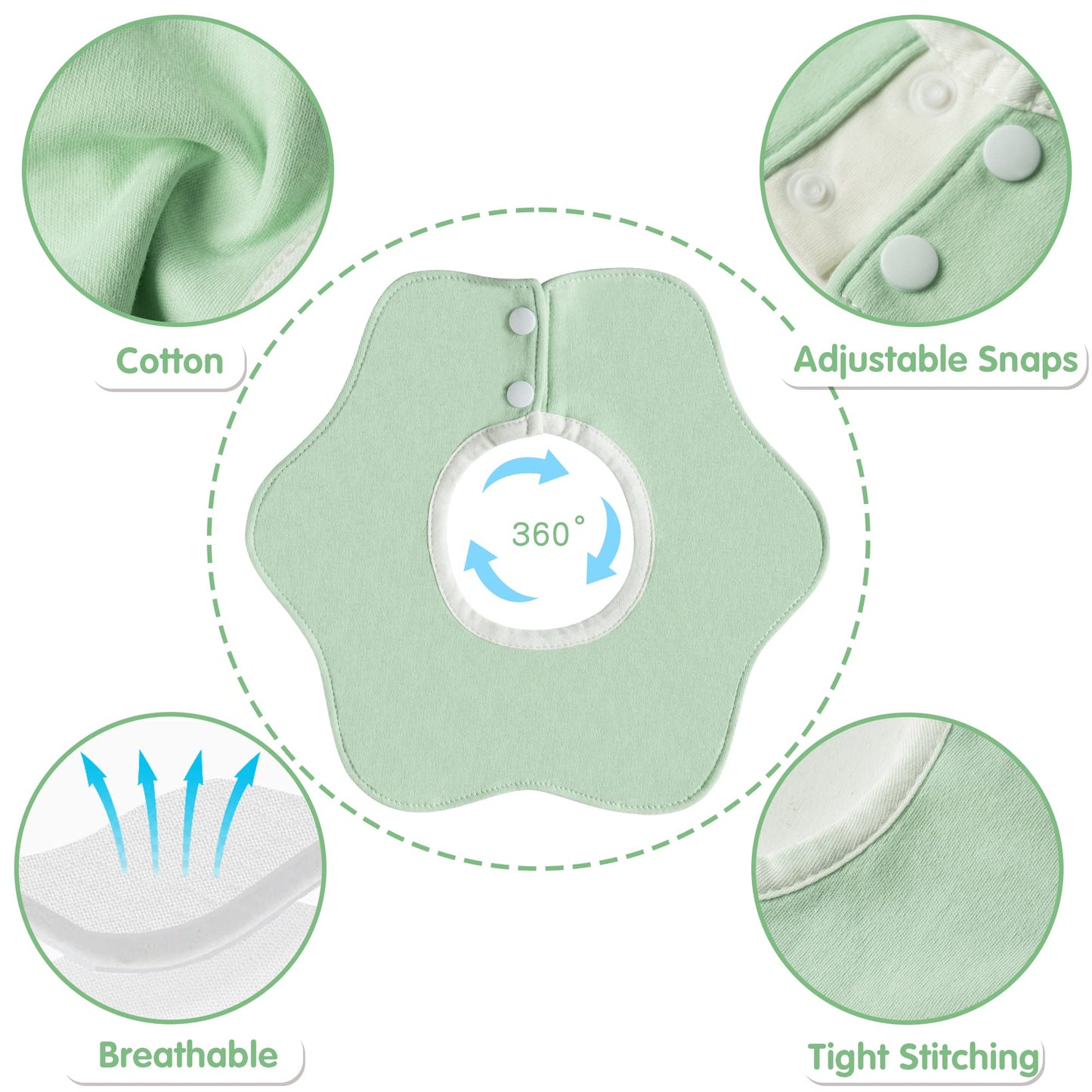 Zainpe 6Pcs 360 Rotate Baby Bibs Waterproof Snap Baby Bib Solid Colors Pink Orange Green Snap Cotton Absorbent Feeding Burp Clot