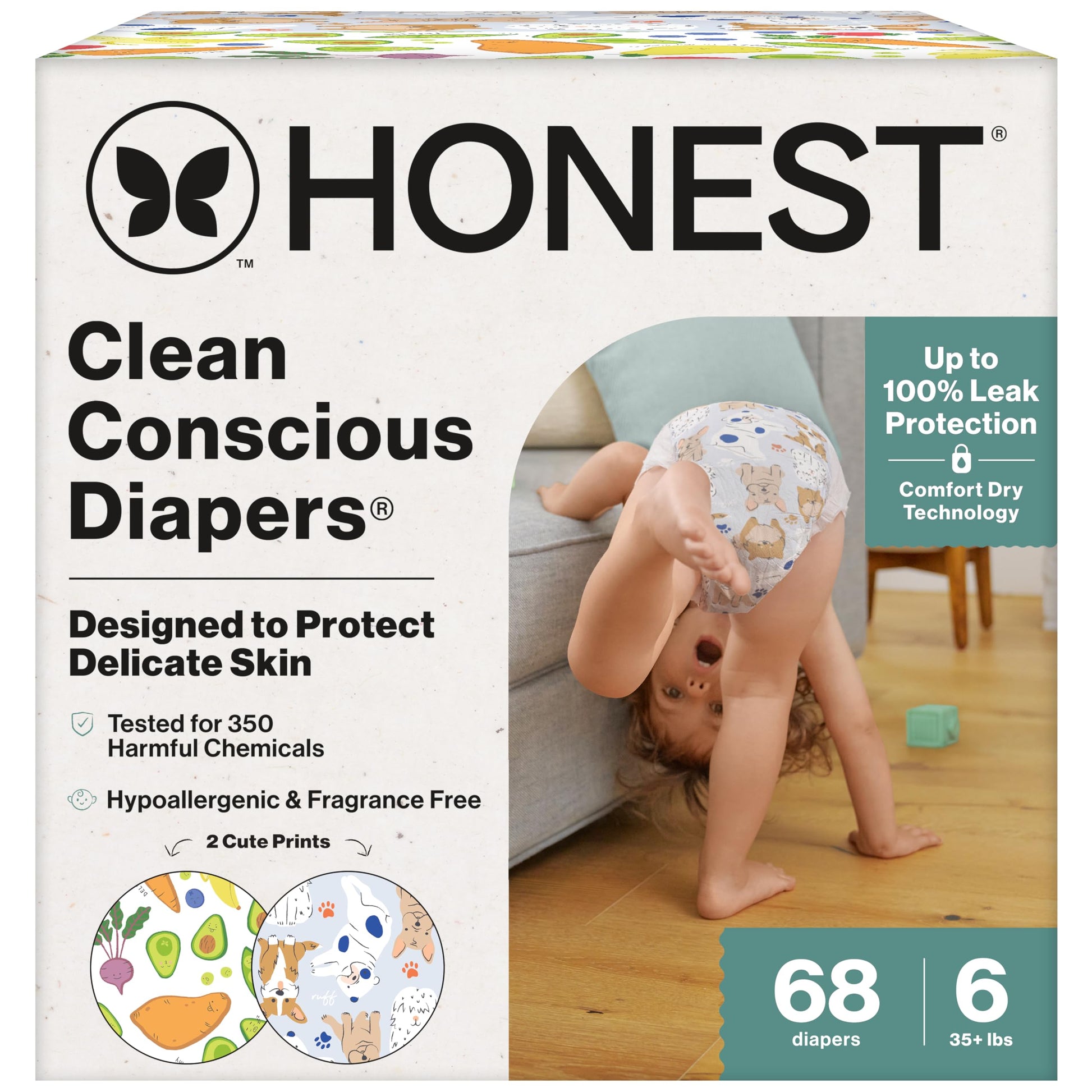 The Honest Company Comfort Dry Disposable Diapers for Sensitive Skin, Hypoallergenic, Fragrance-Free, So Delish + Its a Pawty, 