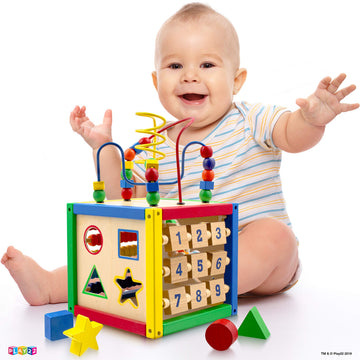 Wooden Activity Play Cube 6 in-1 for Baby with Removable Bead Maze, Shape Sorter, Abacus Counting Beads & Numbers, Sliding Shape
