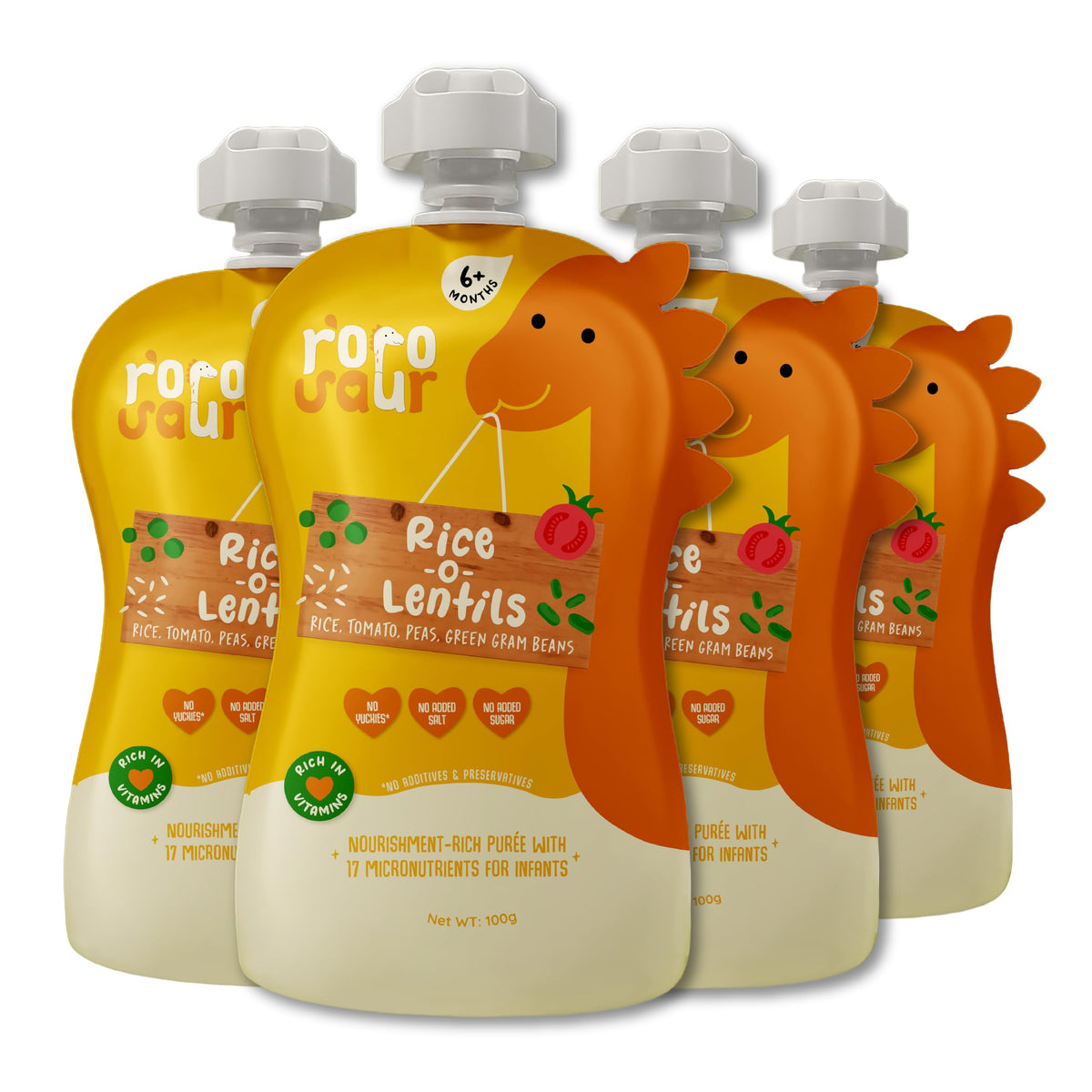 Rorosaur Ready To Eat Dal Khichdi Baby Food Puree Pouch 6+ Months Baby 100G Each, Pk Of 4 | With Veggies & Rice | Easy To Digest