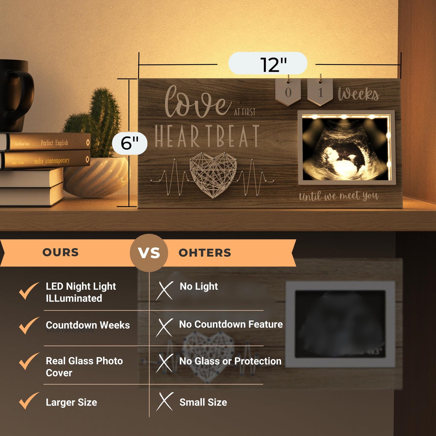 Led Illuminated Baby Sonogram Picture Frame - Countdown Weeks Feature, 4'X3' Ultrasound Photo For Pregnancy Announcements, Gen