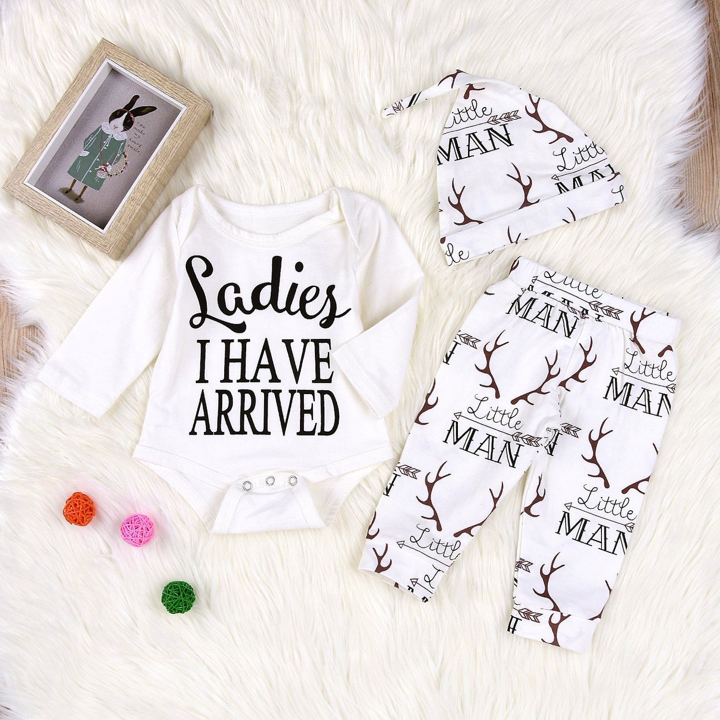 Newborn Suit For Baby Shower Deer Print Long Sleeve Romper+Long Pants+Hat (6-12Months, Man),12M