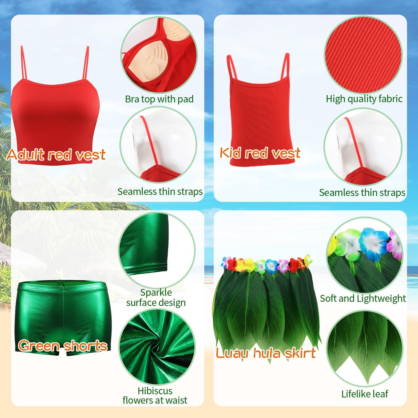 7 Pcs Leaf Hula Skirt And Hawaiian Leis Set Hibiscus Flowers Necklace Bracelet Headband Vest Shorts Hawaiian Costumes Party (Kid