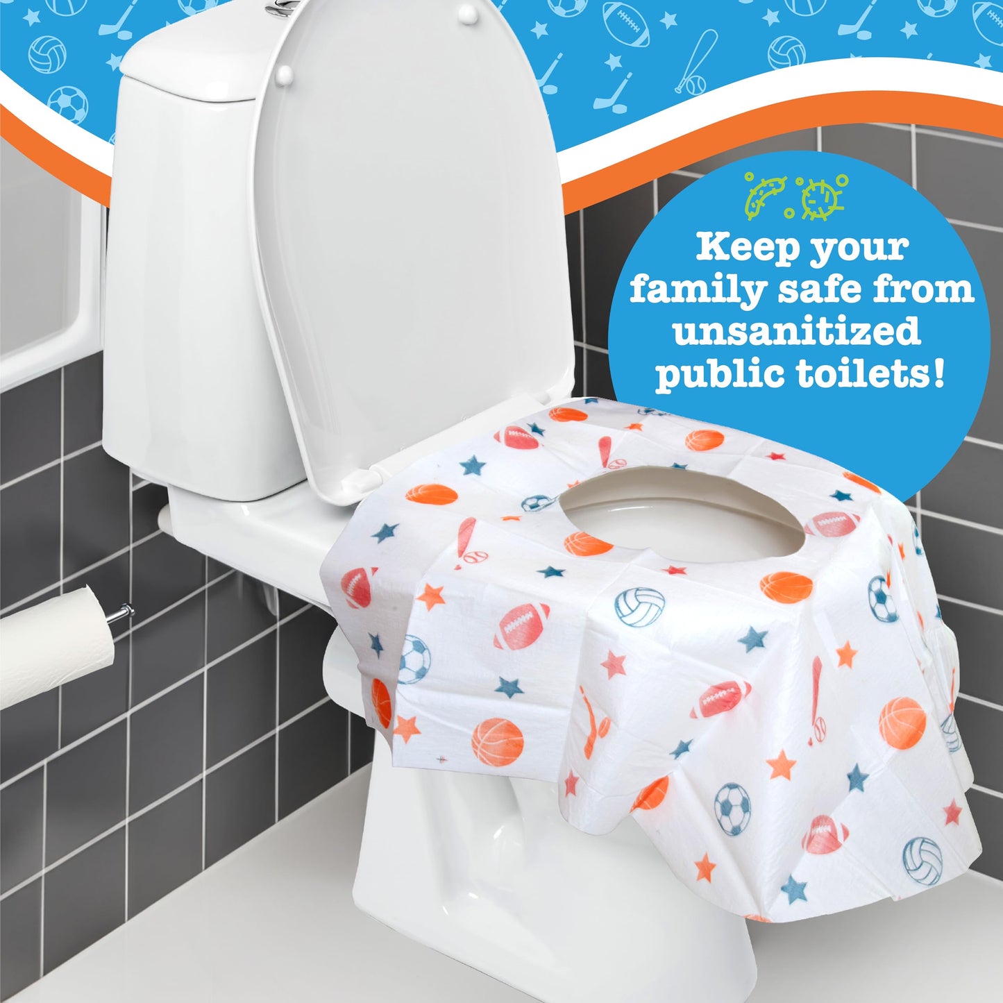 Potty Shields Toilet Seat Covers Disposable (12 Pack, Sports) - Xl Waterproof Toilet Cover For Toddlers, Kids & Adults - Portabl