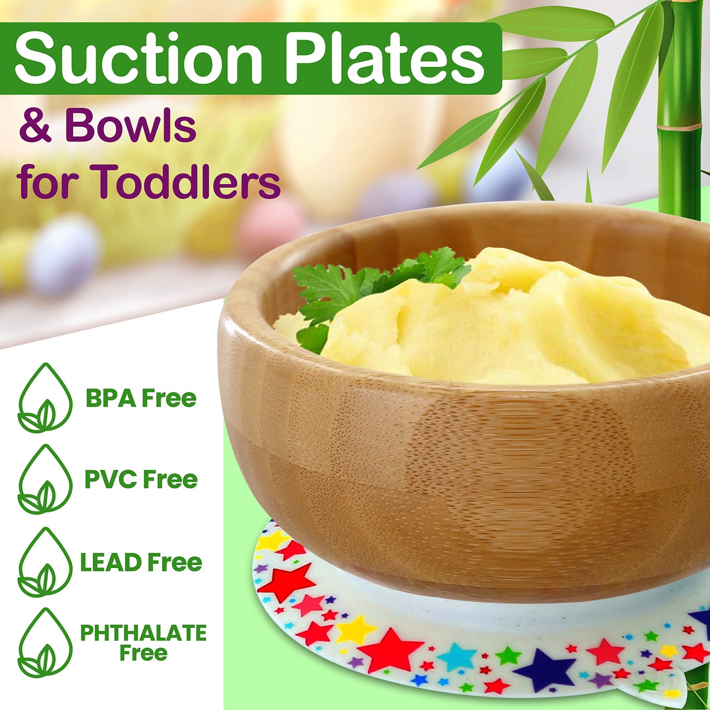 Nutrichef Bamboo Baby Feeding Bowl - Wooden Infant Toddler Dish And Spoon Set W/Silicone Suction Base For Stay Put Eating, For C