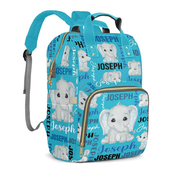 Perarts Large Capacity Custom Diaper Bag for Baby Boy with Name, Cyan Elephant Multifunctional Mom Personalized Diaper Bag Backp