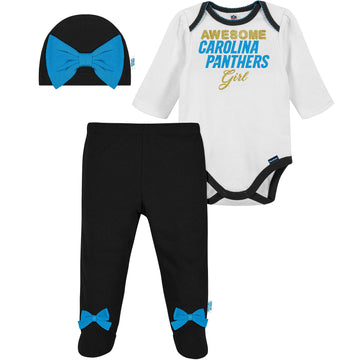 Nfl Baby Girls' 3Pc Bodysuit, Footed Pant, & Cap Set, Carolina Panthers, 3-6 Months