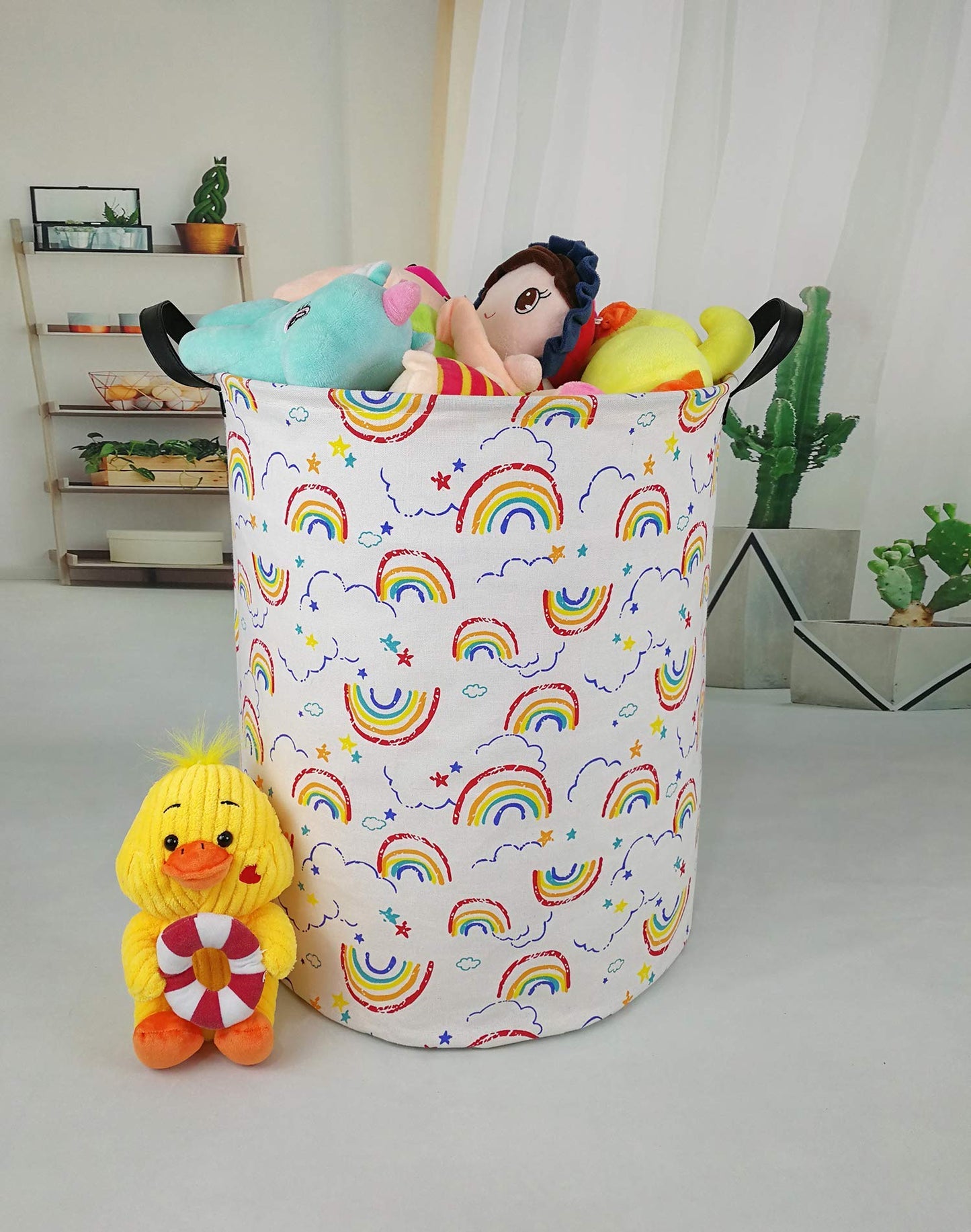 Huayee 19.7 Inches Large Laundry Basket Waterproof Round Cotton Linen Collapsible Storage Bin With Handles For Hamper Kids Room,