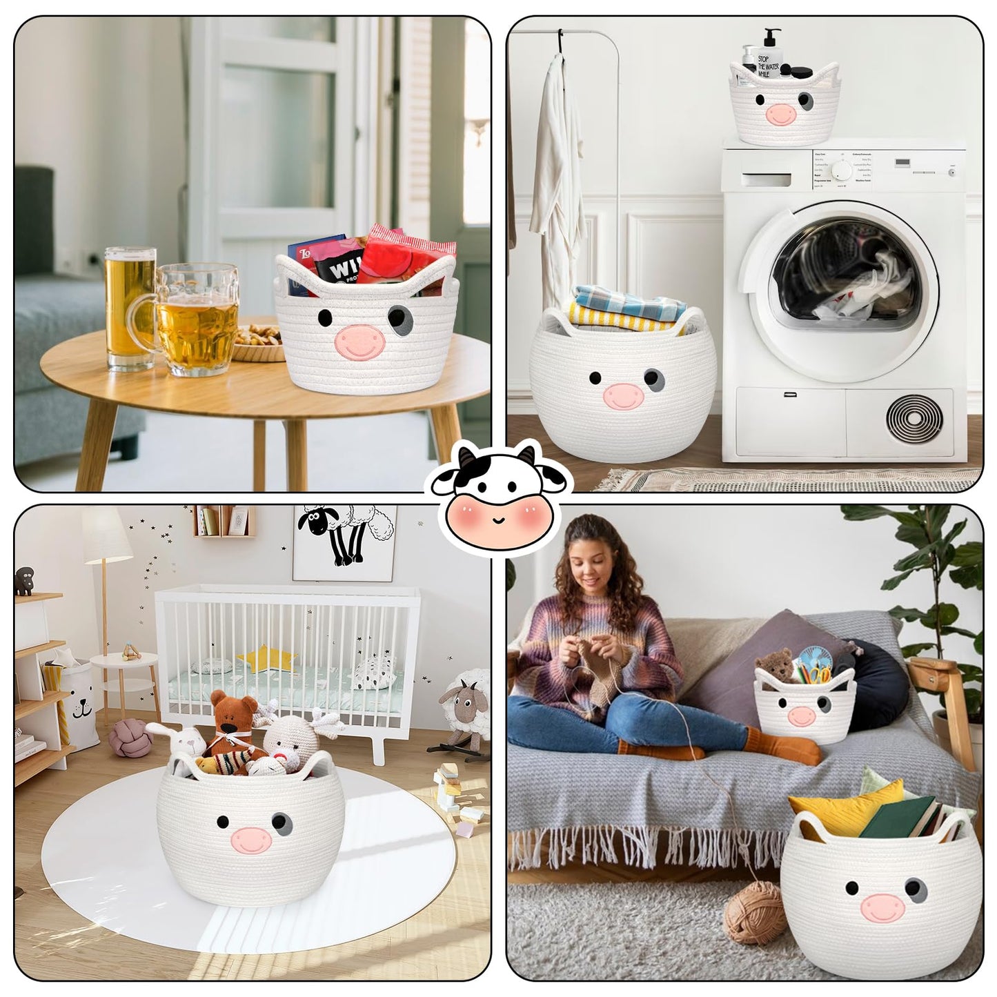 Baby Basket Toy Storage 2 Pack, Cow Woven Cotton Rope Storage Basket, Cute Toy Basket With Handle, Laundry Basket Organizer For