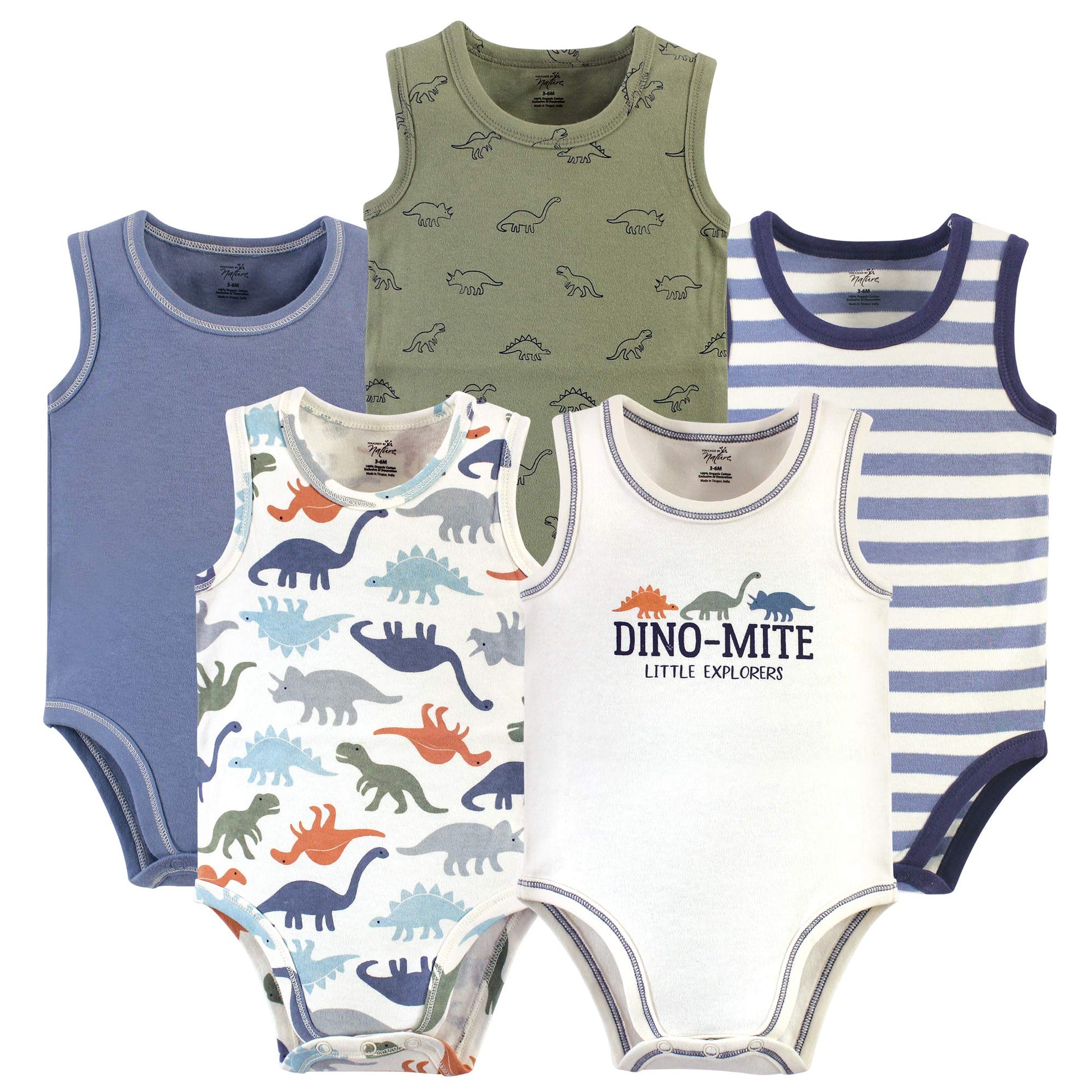 Touched By Nature Unisex Baby Organic Cotton Bodysuits, Bold Dinosaurs, 9-12 Months