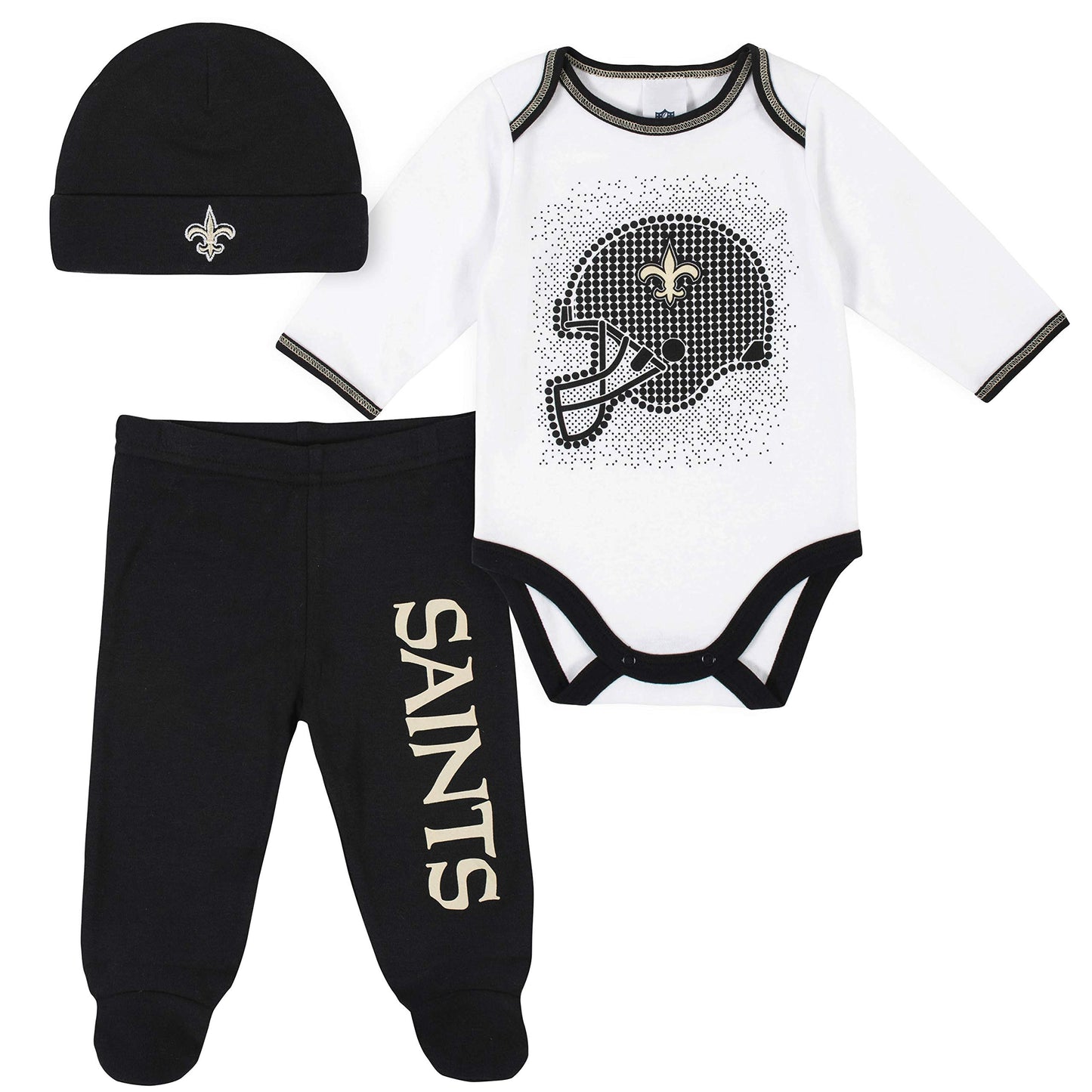 Gerber Nfl New Orlean Saints 3 Pack Bodysuit Footed Pant And Cap Registry Gift Set, Black/White New Orlean Saints, 6-9M