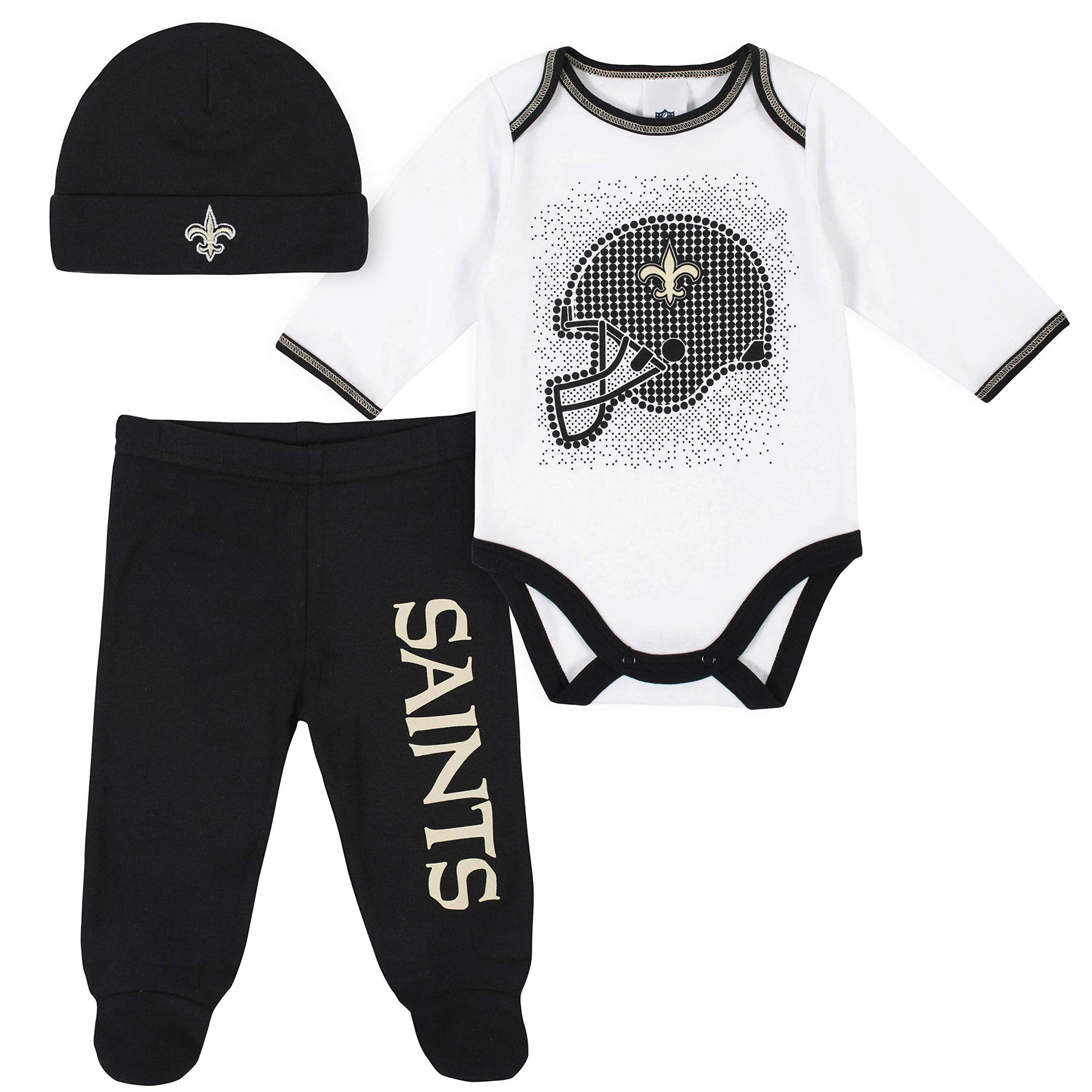 Gerber Nfl New Orlean Saints 3 Pack Bodysuit Footed Pant And Cap Registry Gift Set, Black/White New Orlean Saints, 6-9M