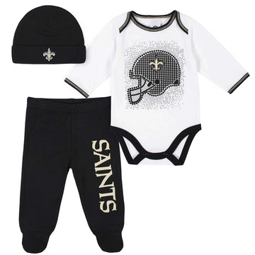 Gerber Nfl New Orlean Saints 3 Pack Bodysuit Footed Pant And Cap Registry Gift Set, Black/White New Orlean Saints, 6-9M