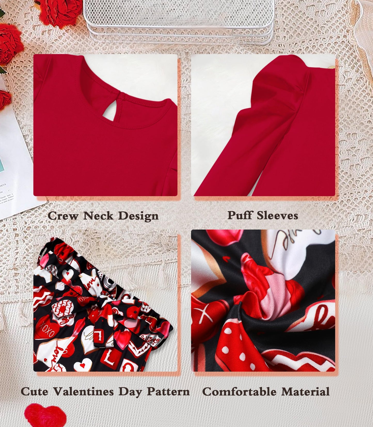 Migu Girls Valentines Day Outfit Size 6-7 Valentines Outfit Girl Red Puffy Sleeve Top Love Pattern Pants Headbands 3Pcs