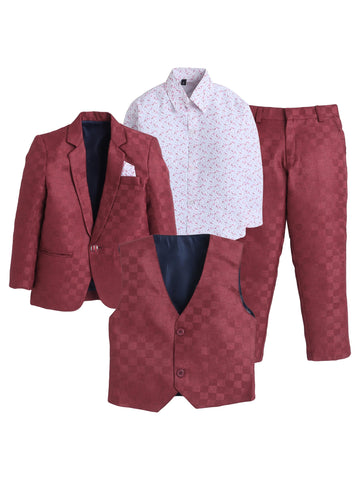 Jeetethnics Boys Maroon Checked Coat Suit Set With Waistcoat Shirt And Trousers (9017Nhh)