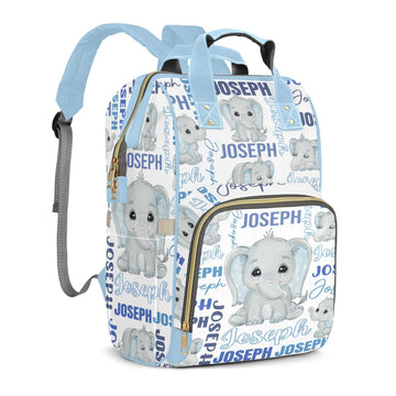 Perarts Elephant Custom Name Diaper Bag Backpack for Baby Boys Girls, Blue Personalized Name Monogram Large Nappy Nursing Organi