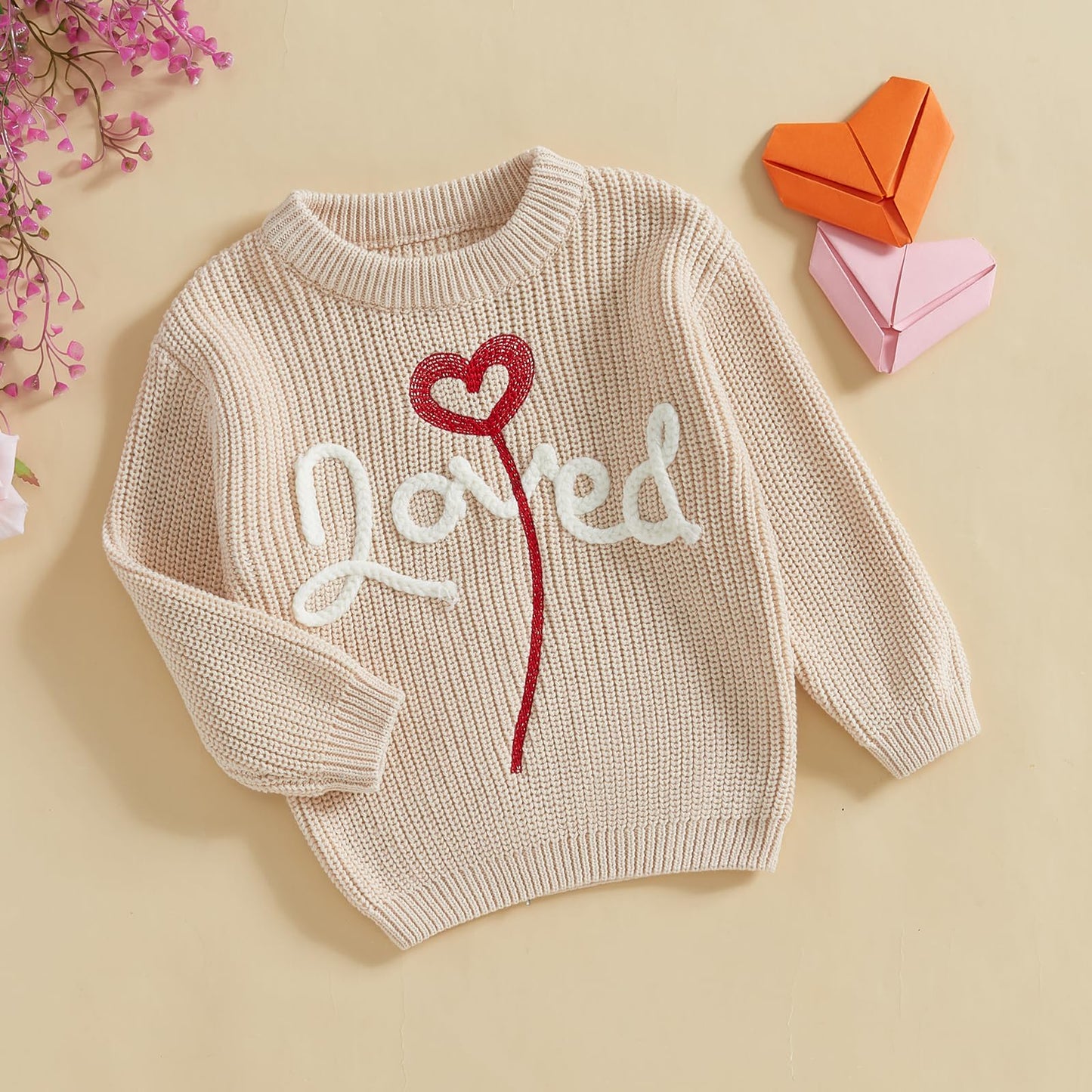Visgogo Toddler Girl Boys Valentine'S Day Knit Sweater Long Sleeve O Neck Letter Heart Embroidery Pullover Knitwear (Beige, 12-1