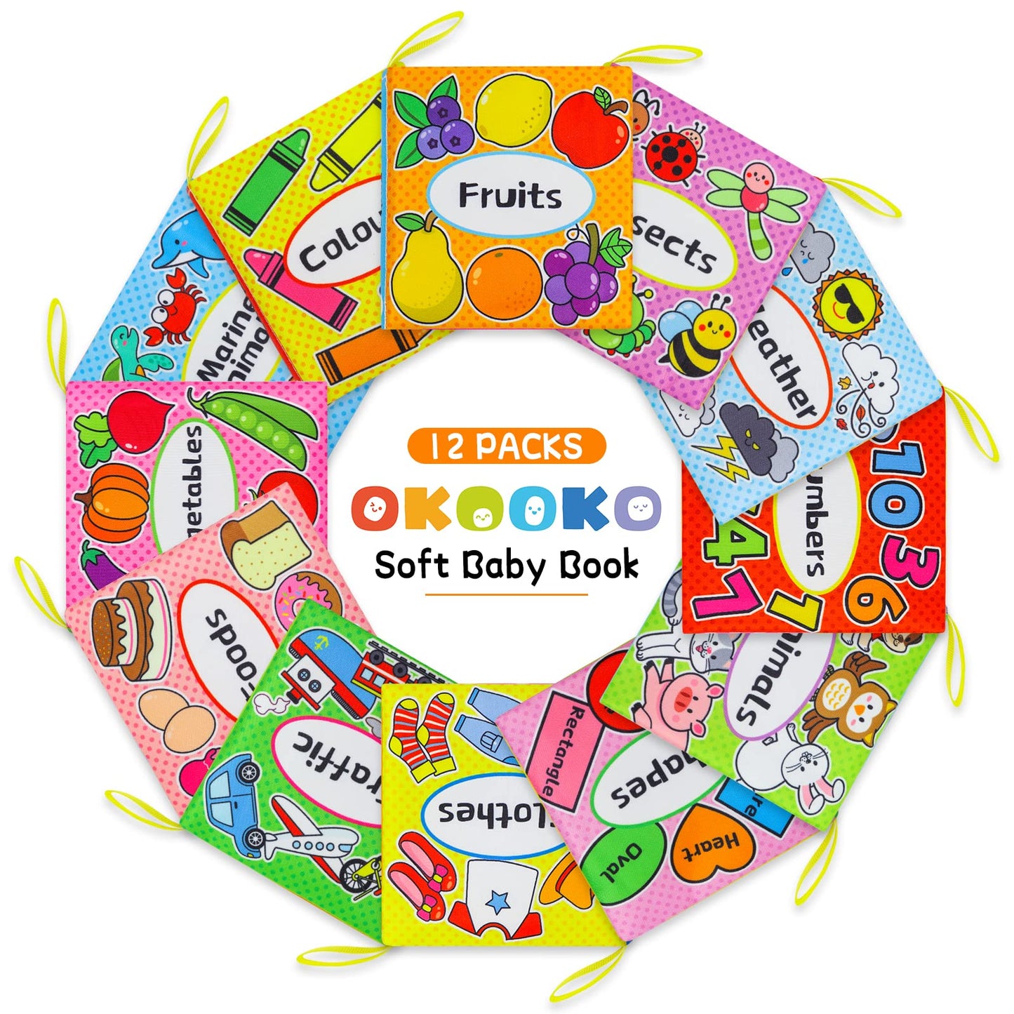 OKOOKO Soft Baby Books 12PCS Soft Cloth Books Bath Books Crinkle Washable Non-Toxic Early Education Preschool Learning Toy for N