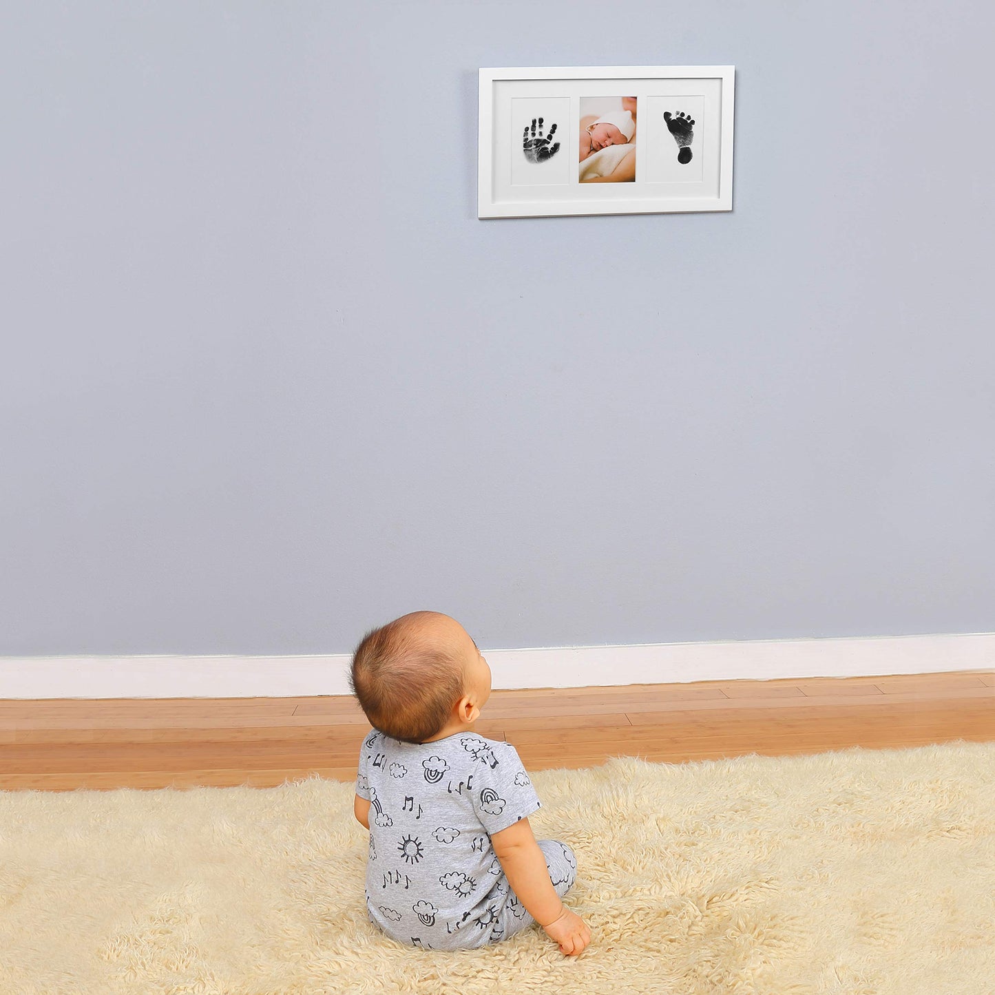 Green Pollywog | Baby Handprint And Footprint Kit | Elegant White Picture Frame | Non-Toxic | Inkless Footprint | Baby Footprint